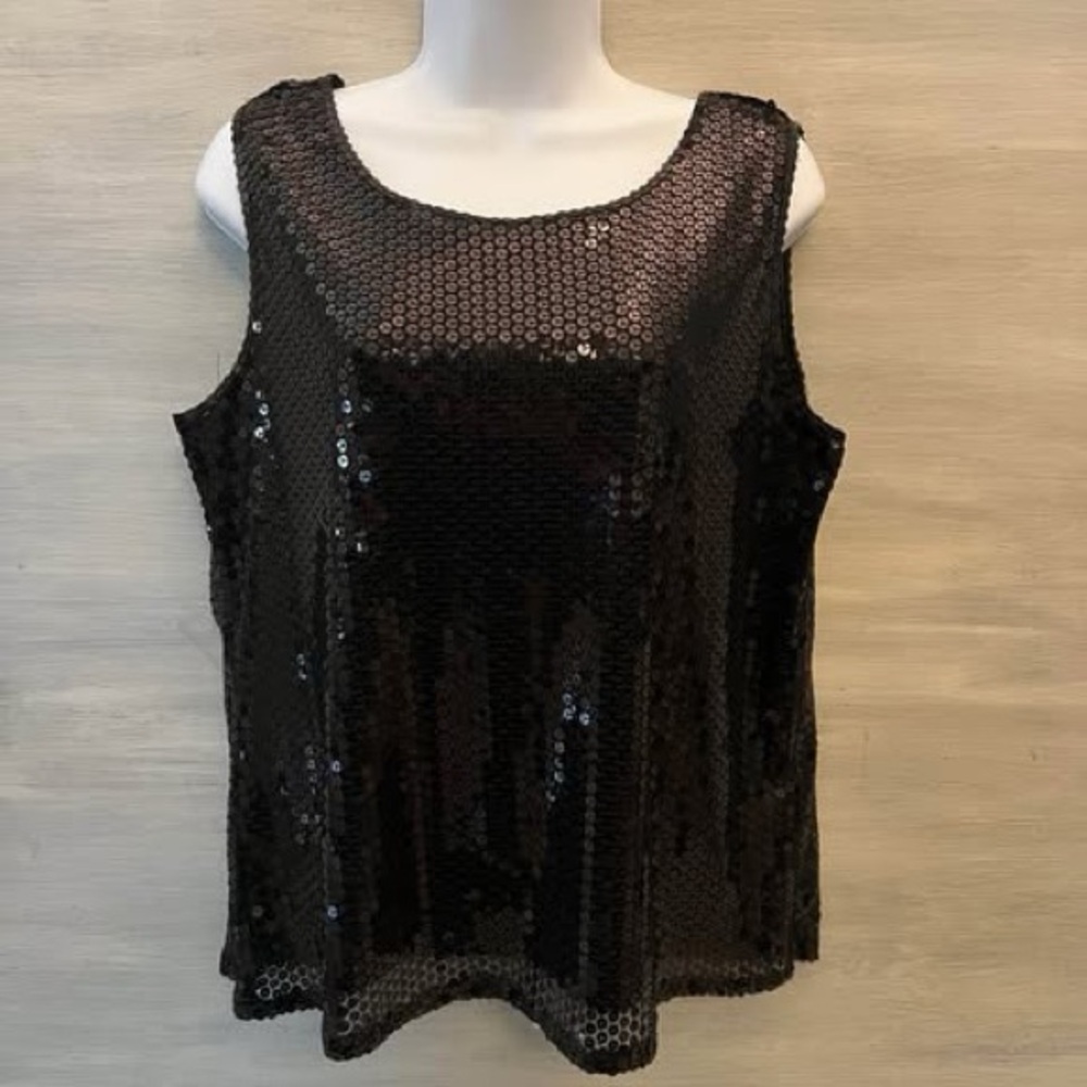 Michelle Antonelli Black Sequined Lined Tank Top‎ Blouse Size Large GC